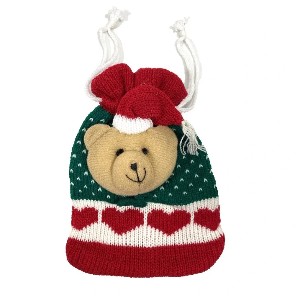 Christmas Knit Gift Bags with Draw String for Gifts or Candy Lot of 2 Bears